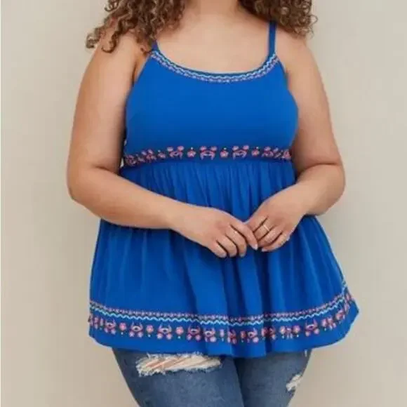 Torrid Baby doll Tank - Embroidered Gauze Blue Size 2 - Picture 1 of 5